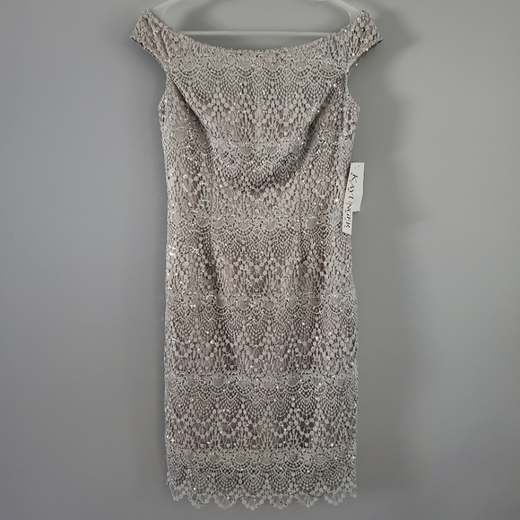 Kay Unger Sexy Gray Silver Sequin Lace Off-shoulder Party Dress Size 2 - Picture 2 of 4